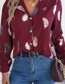 Temperament Feather Printing suit collar long -sleeved shirt