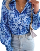 Casual lantern sleeve color flower lapel shirt