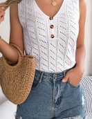 Summer solid color buttons hollow sleeveless top holiday sweater