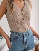 Summer solid color buttons hollow sleeveless top holiday sweater