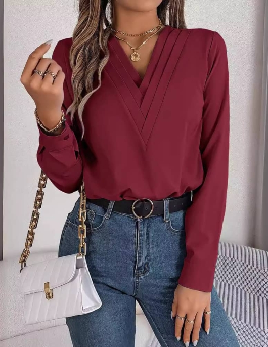 Elegant solid color layered collar long -sleeved shirt