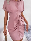 Summer casual pure color bat sleeve waist pressure shirt skirt